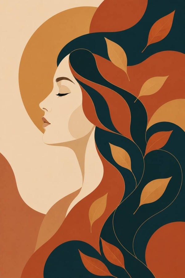 Herfstsilhouet – abstract vrouw schilderij met bladeren