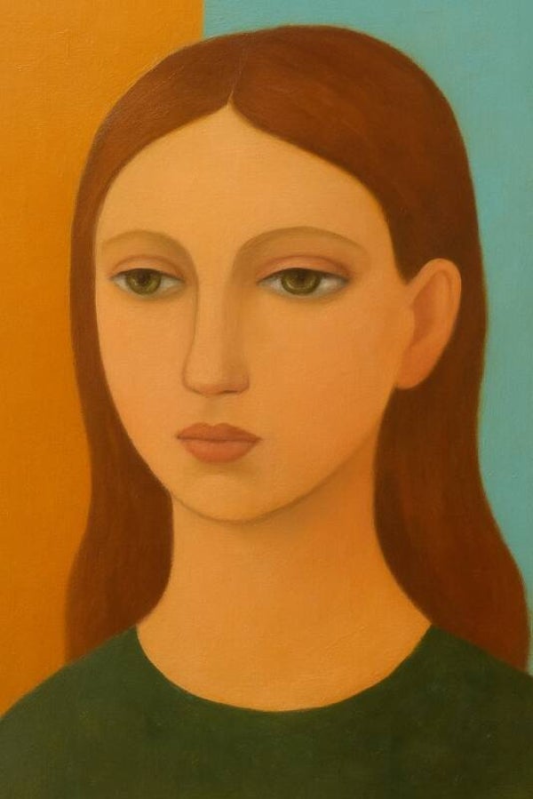 Split Silence – Modern portret schilderij met kleurvlak en serene uitstraling