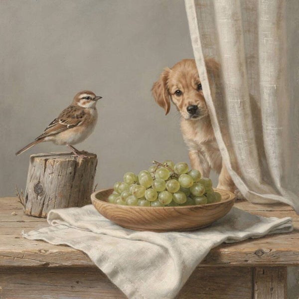 Achter het Gordijn – schilderij hond, vogel en druiven in landelijke stijl