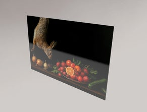 Kunstwerk op acrylglas met konijn en fruit in stillevenstijl