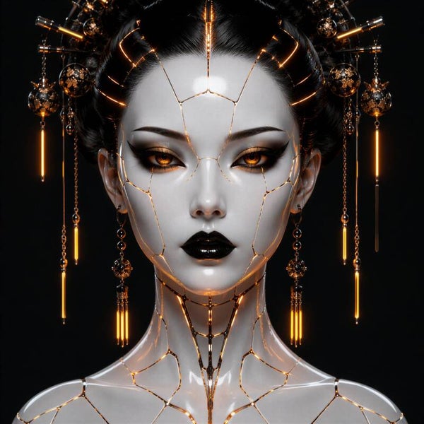 Amber Empress – futuristische android vrouw zwart goud schilderij