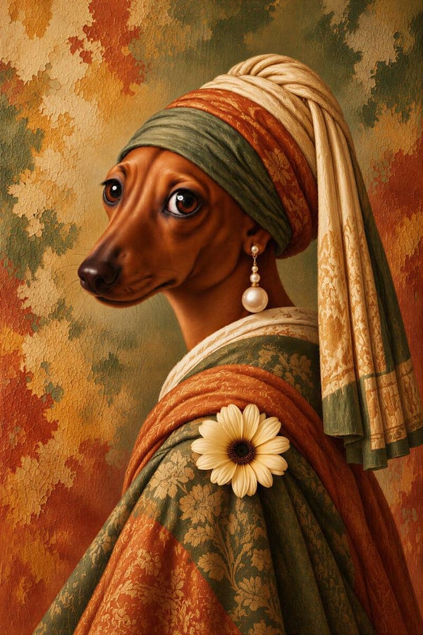 Amberblik met Parel – hond schilderij meisje met de parel in groen en oranje