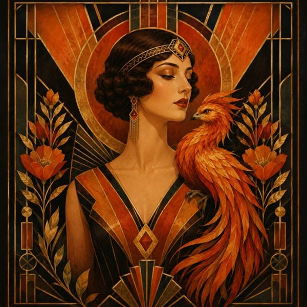 Amberfeniks – art deco vrouw schilderij met feniks
