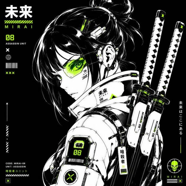 Mirai Assassin Unit - Anime Cyberpunk Krijger Schilderij met Katana Zwaarden