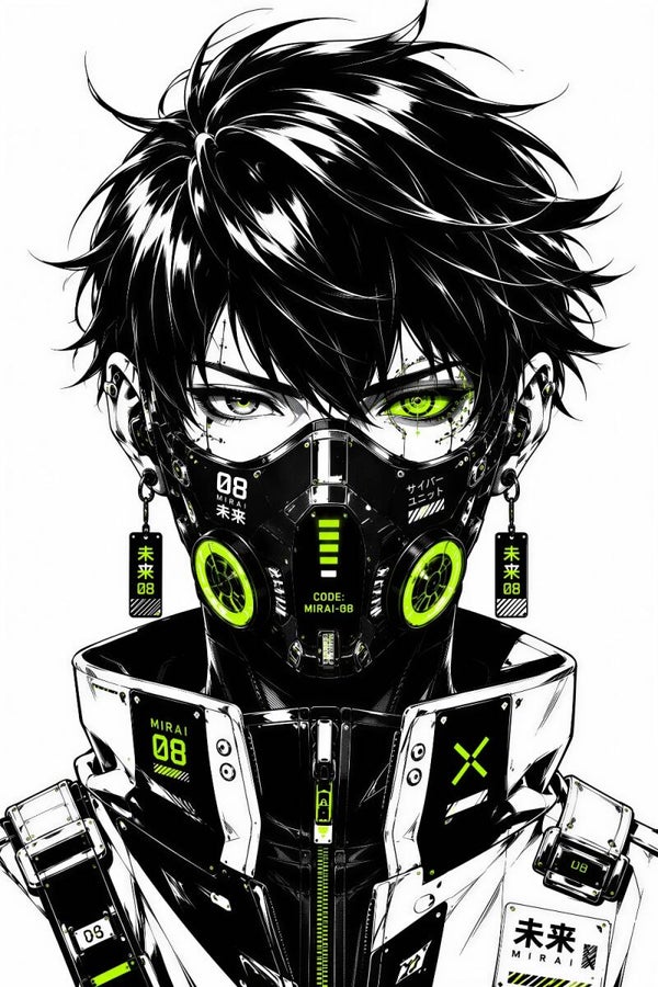 Mirai Cyber Unit 08 V2 - Anime Cyberpunk Personage Schilderij met Neon Groen Masker