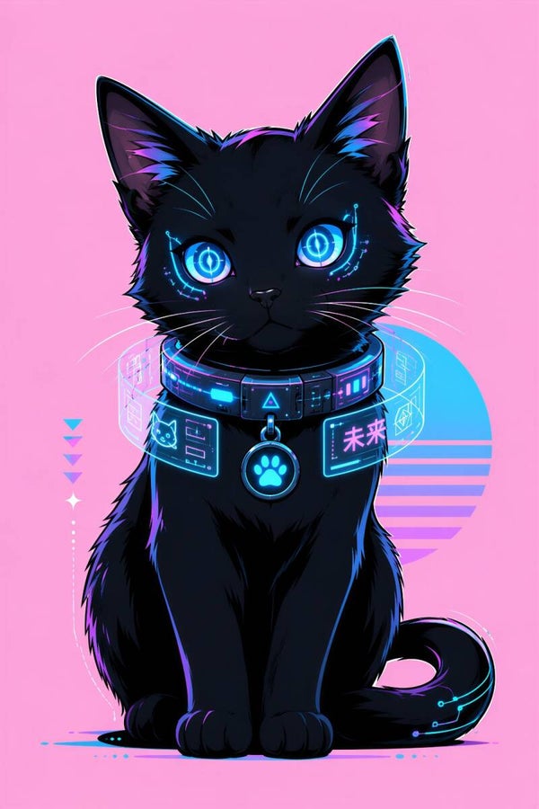 Cyber Cat - Anime Cyberpunk Zwarte Kat Schilderij met Neon Halsband