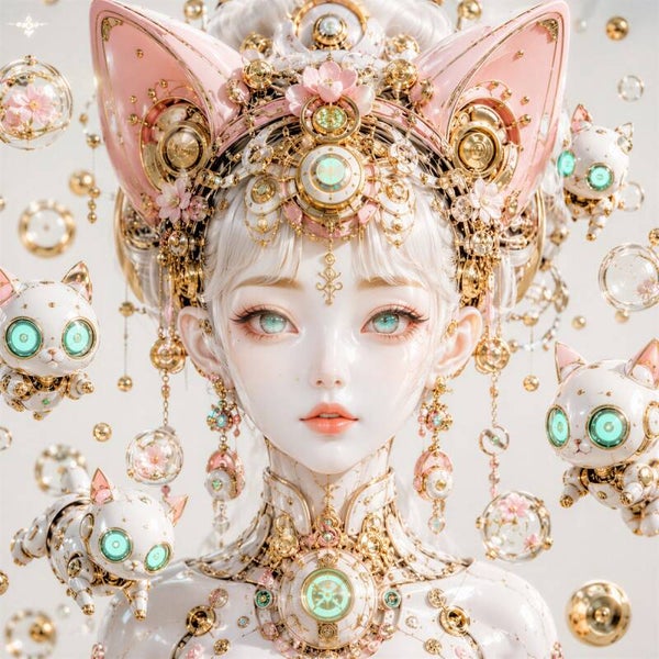 Sakura Mecha Neko - Luxe Anime Cyberpunk Meisje Schilderij met Gouden Kattenoren