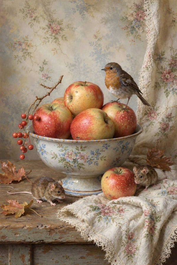 Appeloogst – roodborstje en muizen schilderij, landelijke herfst wanddecoratie