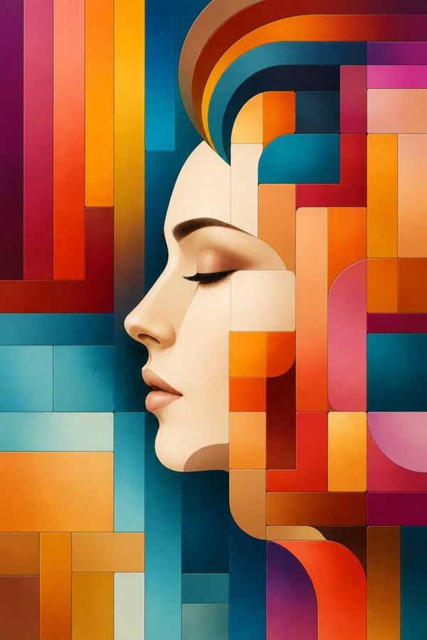 Kleurlijnen van Stilte – abstract vrouw schilderij in geometrische art deco stijl