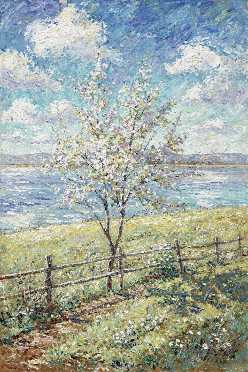 Bloesem langs het Water – landschap schilderij in de stijl van van Gogh