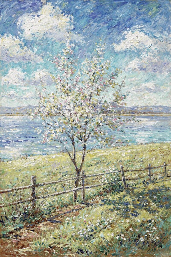 Bloesem langs het Water – landschap schilderij in de stijl van van Gogh
