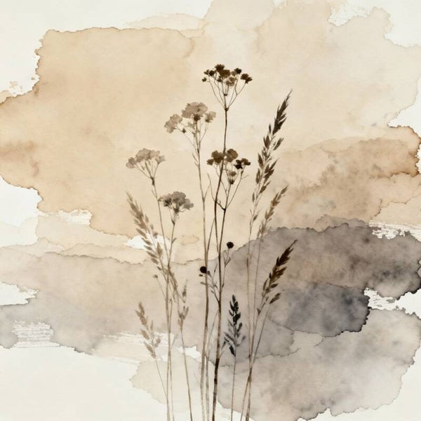 Asgrijs Licht – botanisch schilderij met veldbloemen in zand en zachte grijstinten
