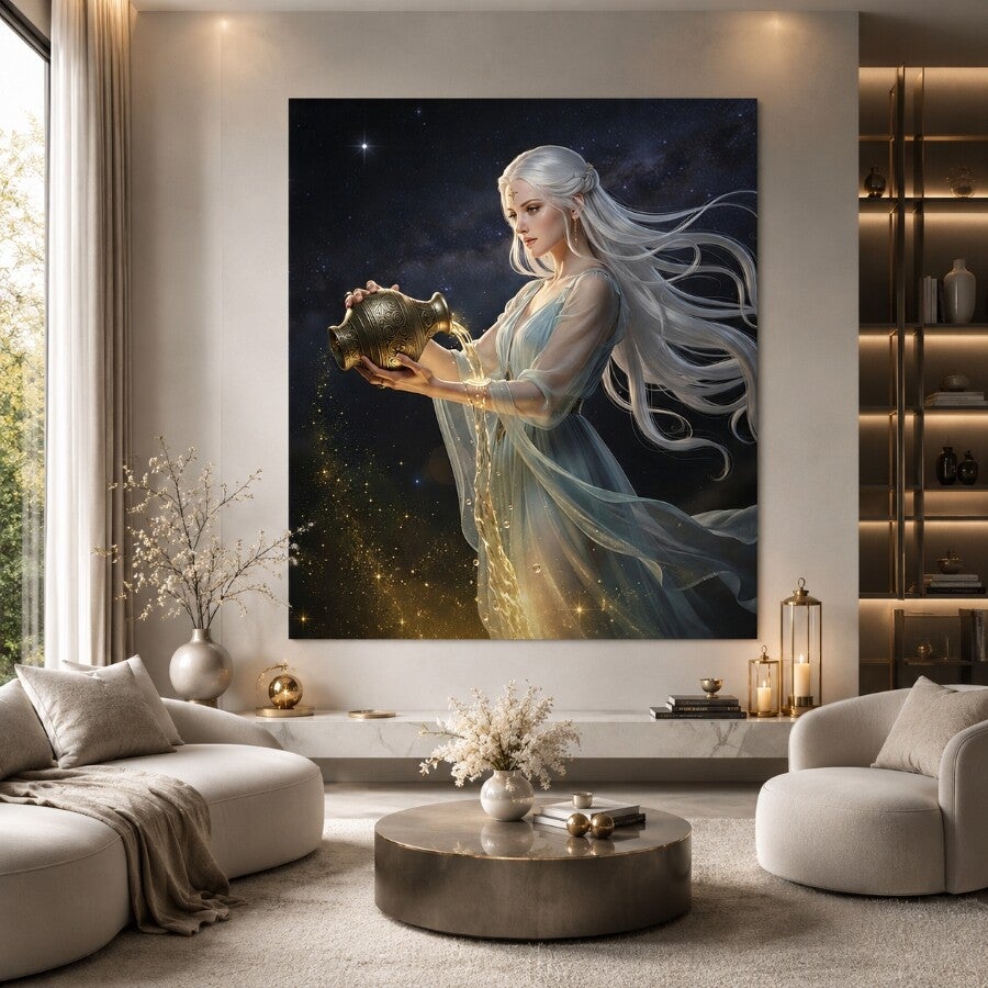 Astrologisch symbool van Waterman – Mystieke vrouw met gouden waterkruik
