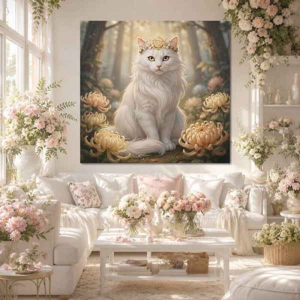 Zonnewijding – sterrenbeeld Maagd schilderij met witte kat en chrysanten