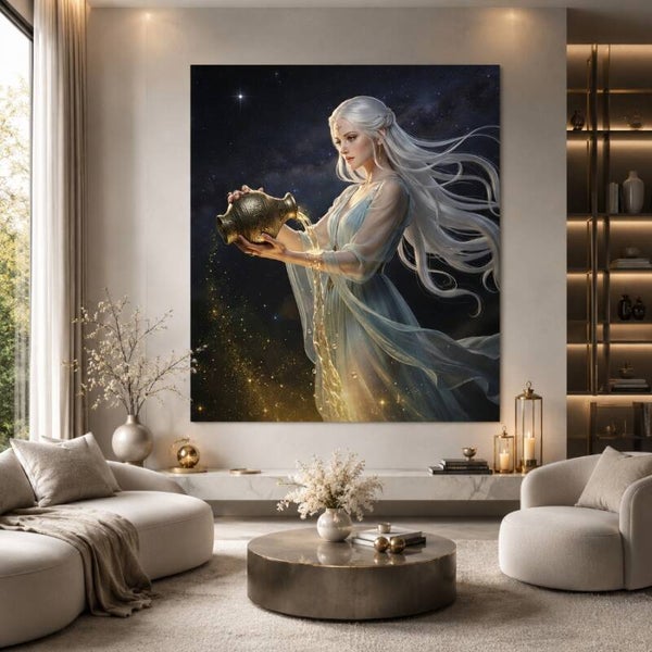 Astrologisch symbool van Waterman – Mystieke vrouw met gouden waterkruik