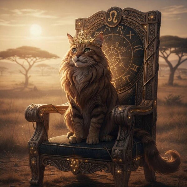 Astrologisch symbool van Leeuw – Koninklijke kat op astrologische troon