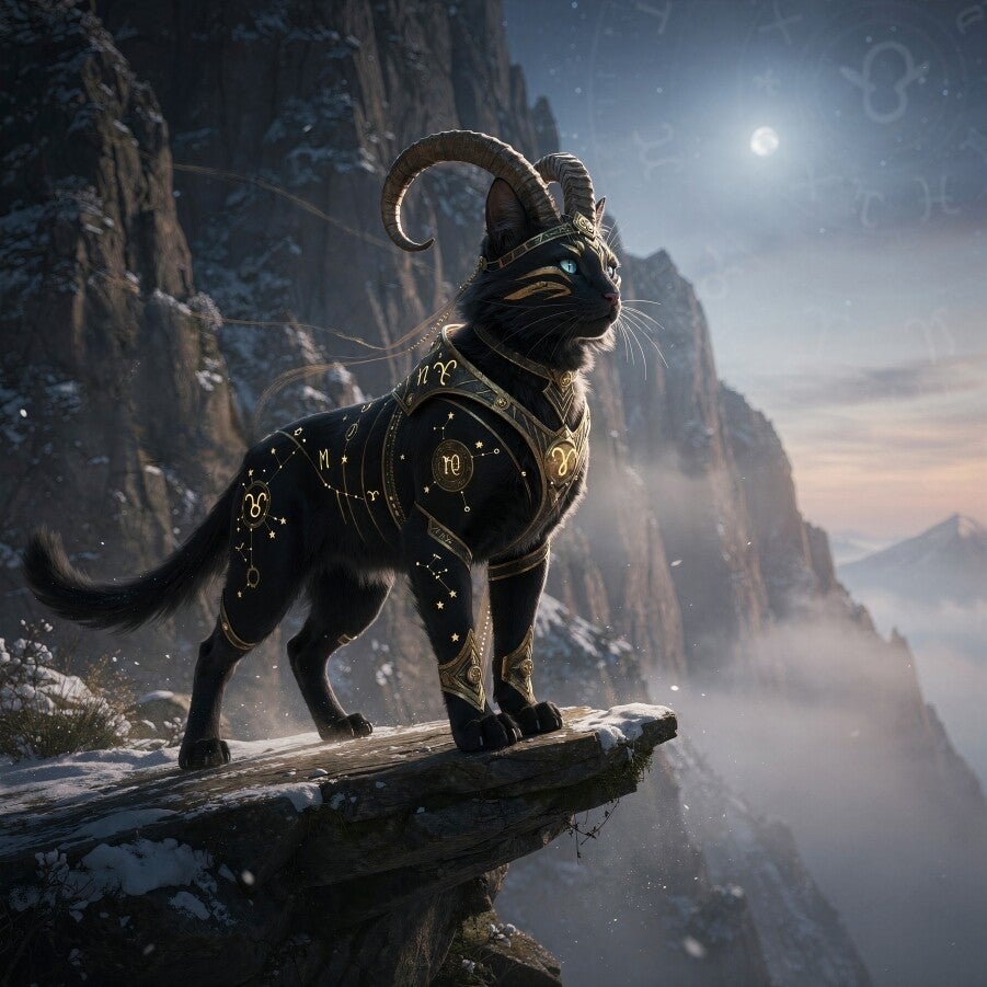 Astrologisch symbool van Steenbok – Zwarte kat met gouden details op bergklif