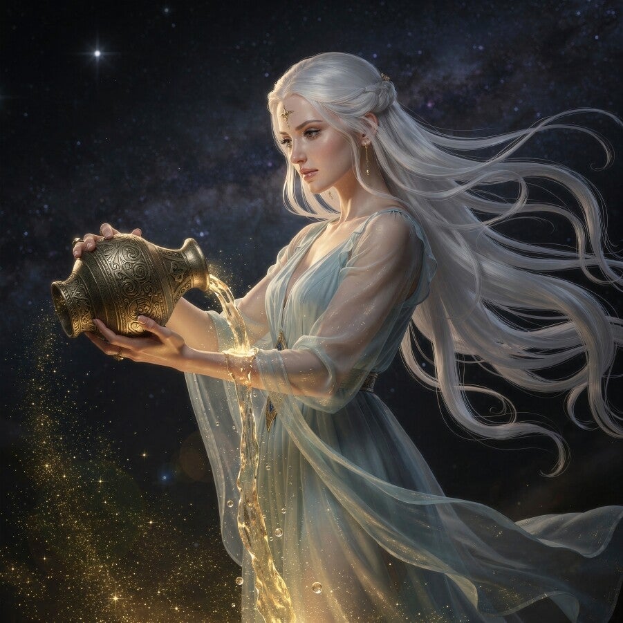 Astrologisch symbool van Waterman – Mystieke vrouw met gouden waterkruik