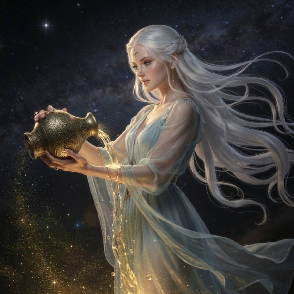 Astrologisch symbool van Waterman – Mystieke vrouw met gouden waterkruik