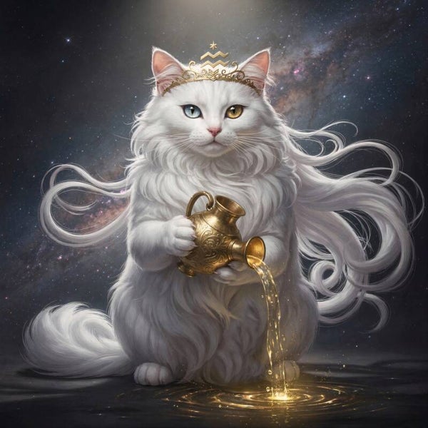 Astrologisch symbool van Waterman – Witte kat met gouden waterstroom in kosmos