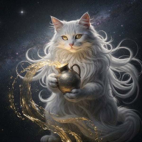 Astrologisch symbool van Waterman – Mystieke witte kat met magische waterkruik