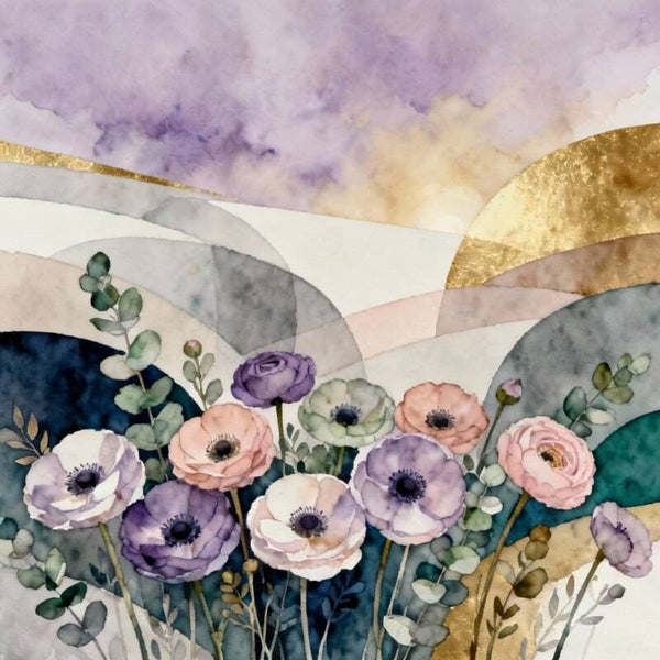 Aurapalet – schilderij met ronde bloemen en lila gloed