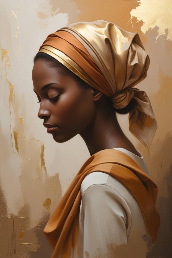 Auravoile – vrouw schilderij met gouden hoofddoek en warme uitstraling