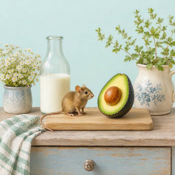 Avocado-ochtend – muisje op de snijplank met melkfles en avocado