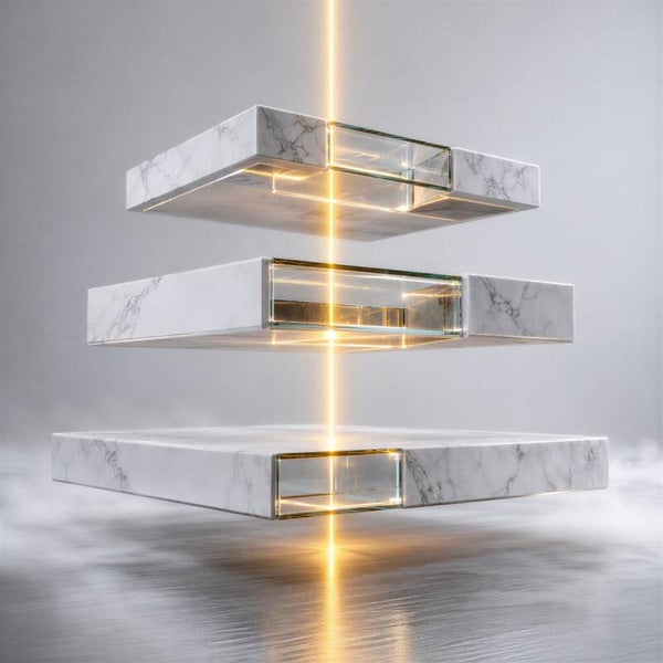 Axis of Light – Abstract Geometrisch Marmer Schilderij in Wit Grijs en Goud
