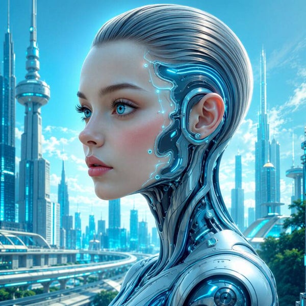 Azure Future – android vrouw in futuristische stad schilderij