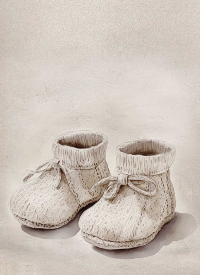 Eerste Stapjes – baby schilderij op hout met slofjes