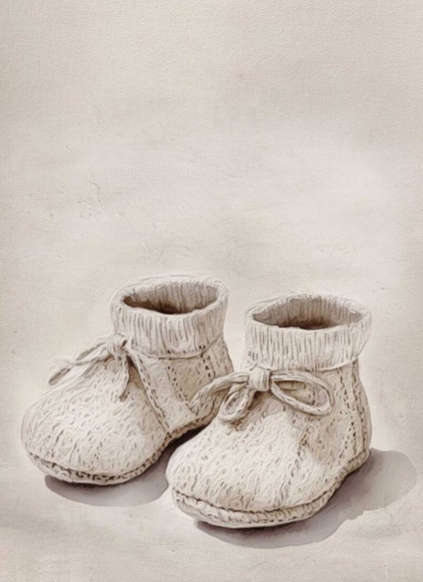 Eerste Stapjes – baby schilderij op hout met slofjes
