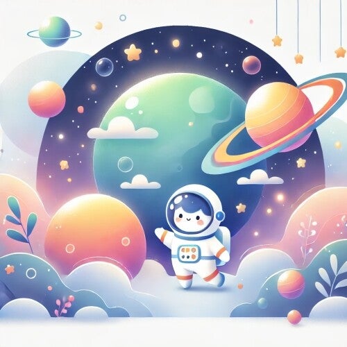 Astronaut in ruimte met planeten en pastelkleuren voor kinderkamer