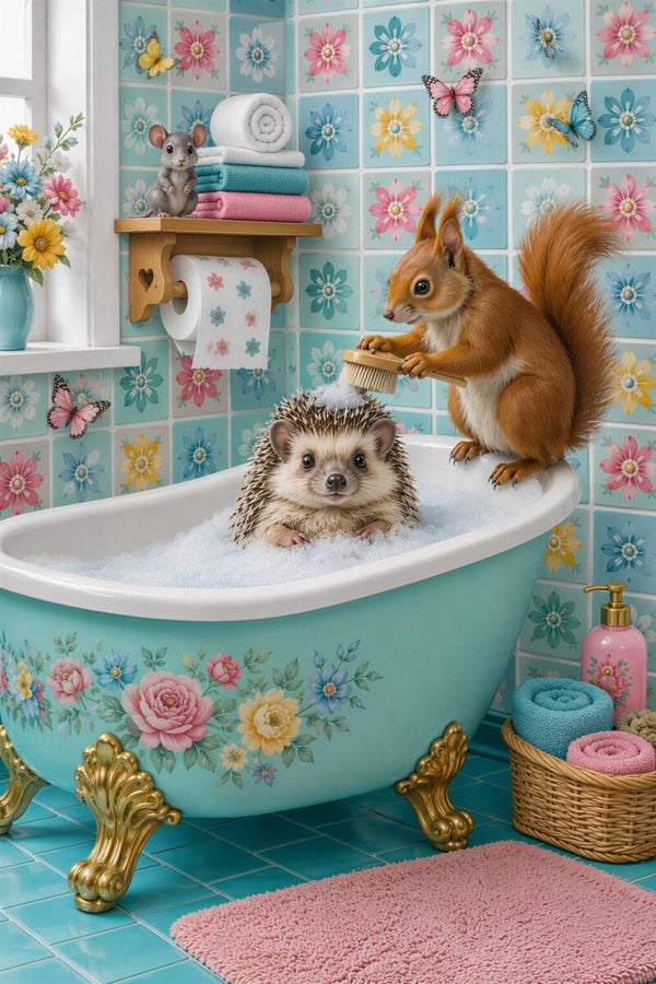 Badkamer Borrels – schilderij met egel in bad eekhoorn badkamer