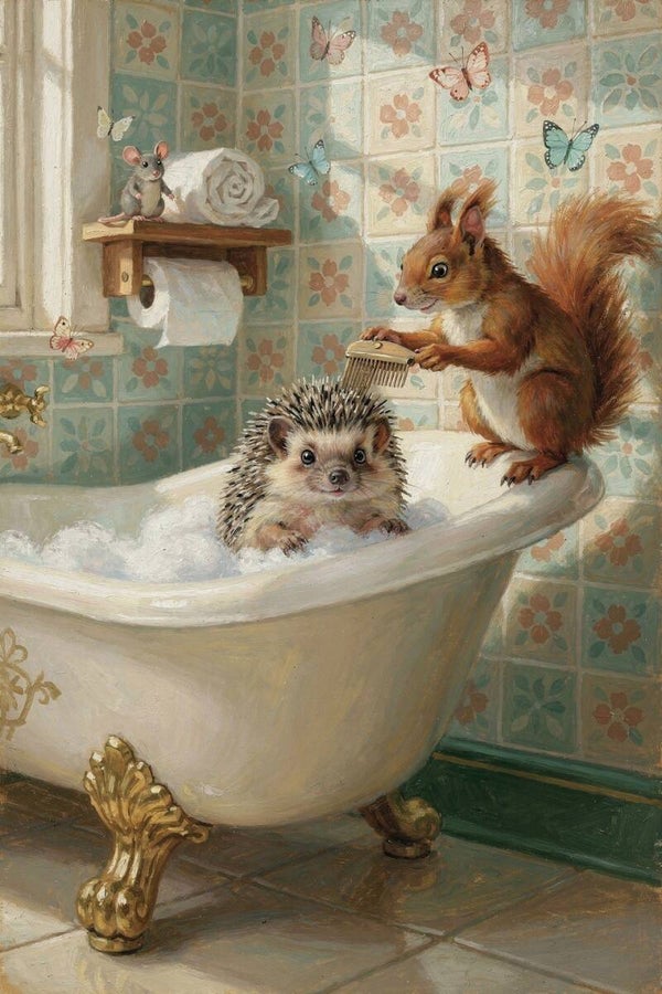 Badkamer Borrels – schilderij met egel in bad en eekhoorn