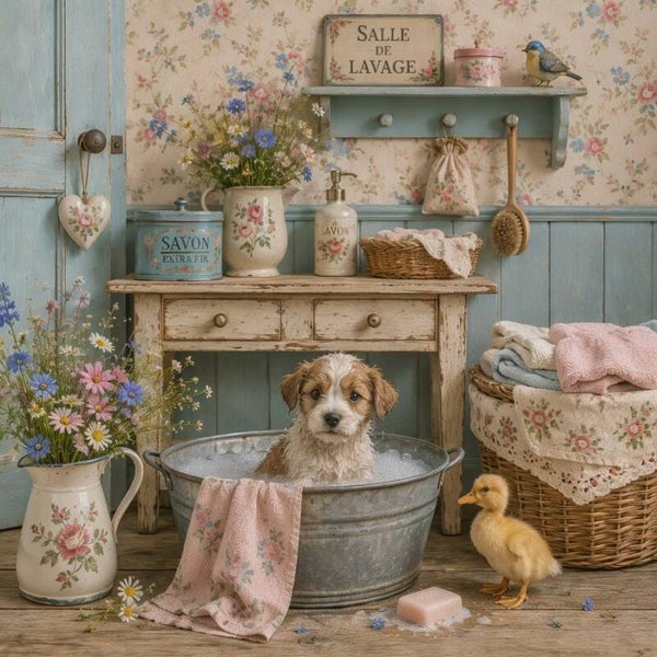 Badtijd met Bezoek – landelijk schilderij met puppy in teil en eendje