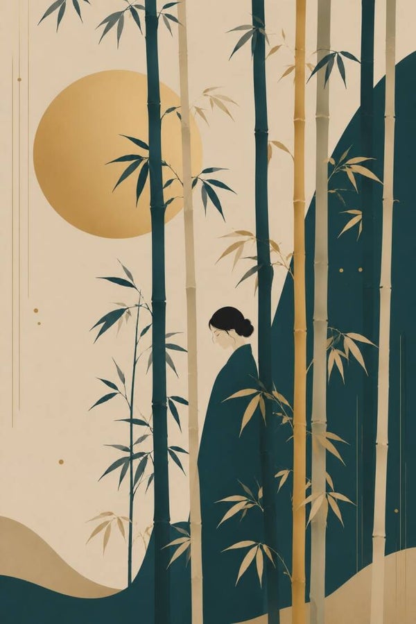 Bamboo Serenity – Japandi schilderij met bamboe in groen en goud