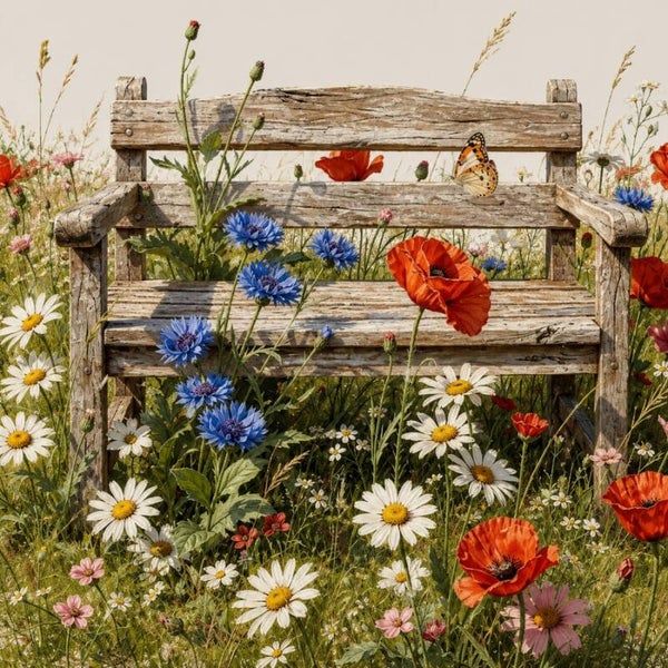 Bankje tussen de bloemen – landelijk schilderij met veldbloemen