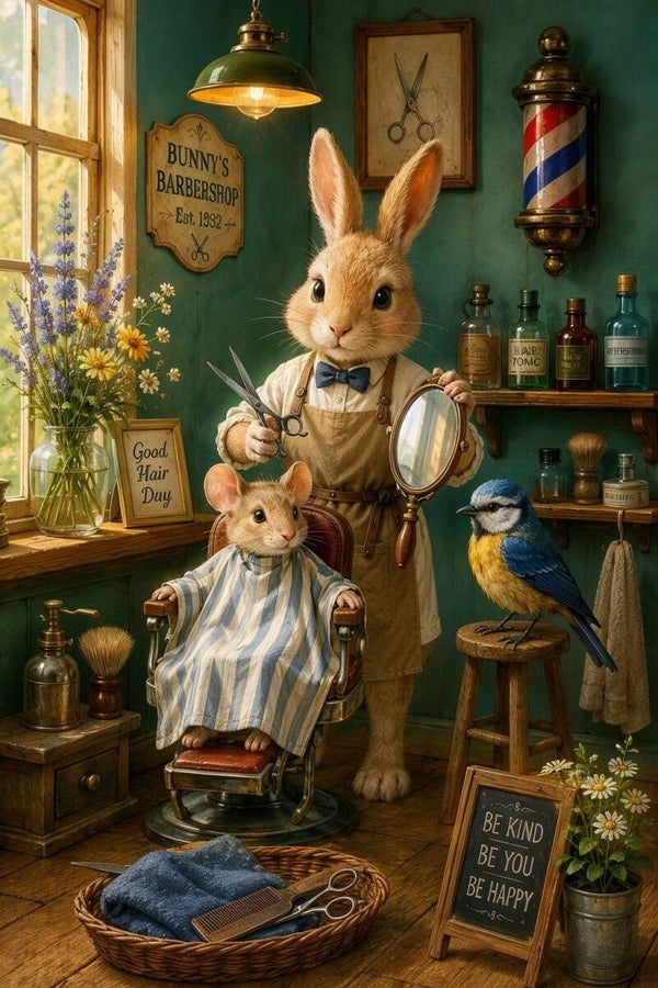 Barber Tales – nostalgisch schilderij met konijn, muis en vogel in vintage barbershop