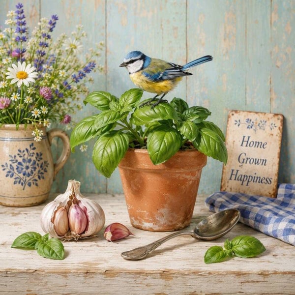 Basilicum Blues – landelijk schilderij met pimpelmees op basilicumplant