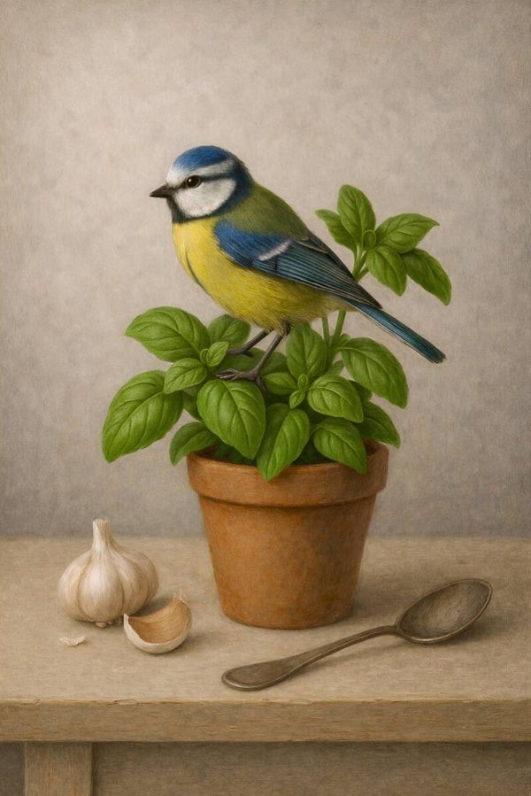 Basilicumgeluk – koolmees tussen kruiden en keukenstilleven