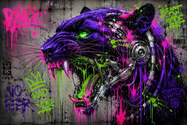 Beast Mode – Cyber Panter Graffiti Schilderij Paars Roze Groen