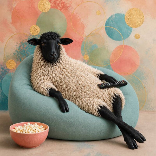 Bèèhflix Avond – modern landelijk schilderij met schaap en popcorn