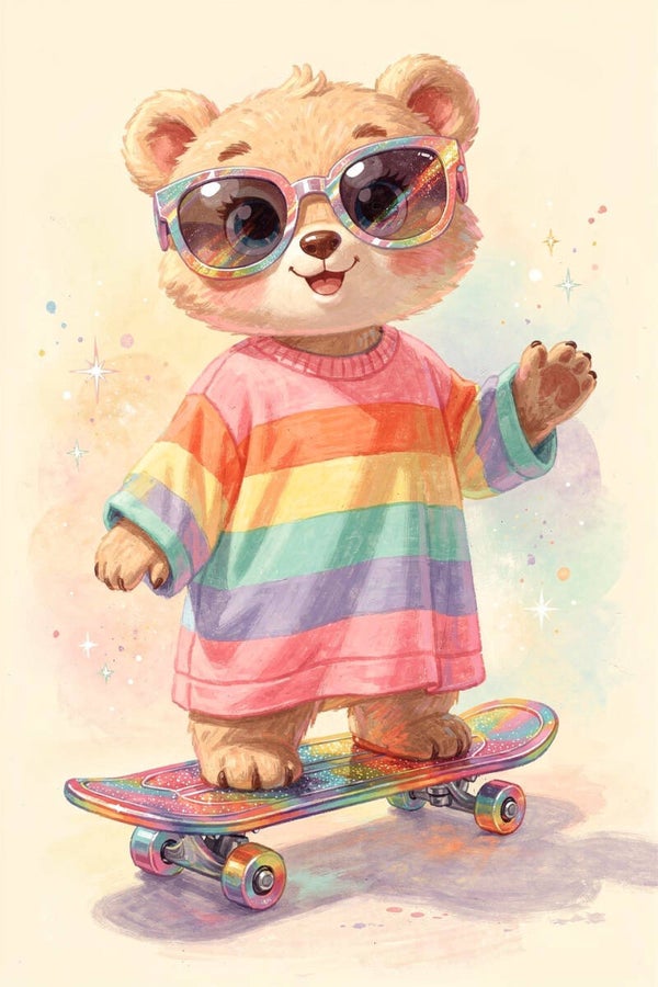 Rainbow Ride – beer schilderij kinderkamer tienerkamer skateboard regenboog