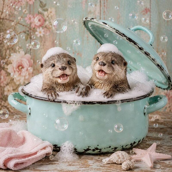Bellenpret voor Twee – grappig schilderij met otters in schuimbad en vintage emaille pan
