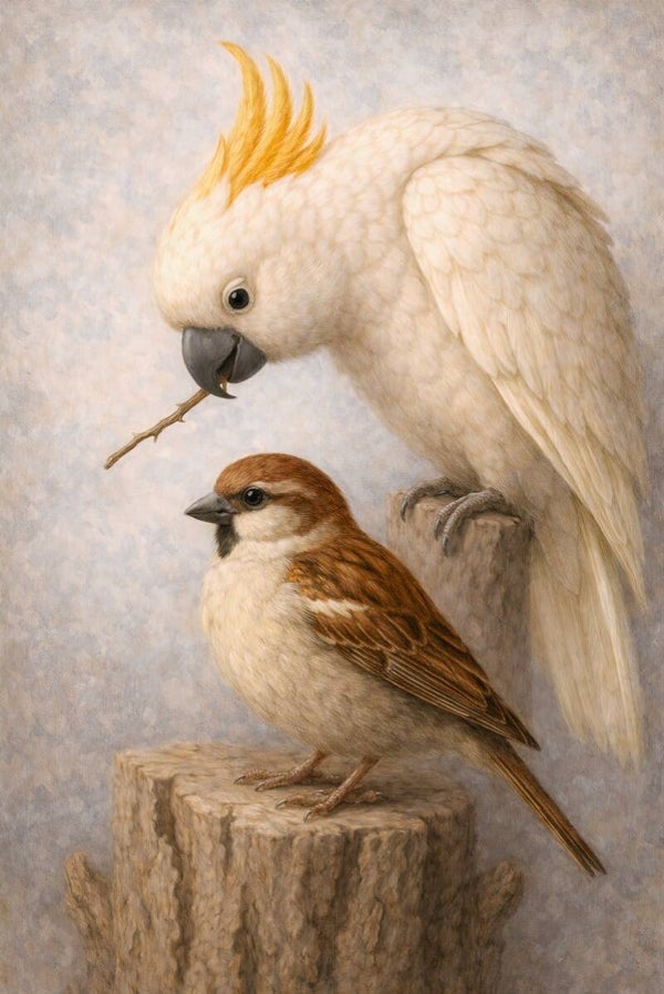 Beschermende Stilte – kaketoe en mus schilderij