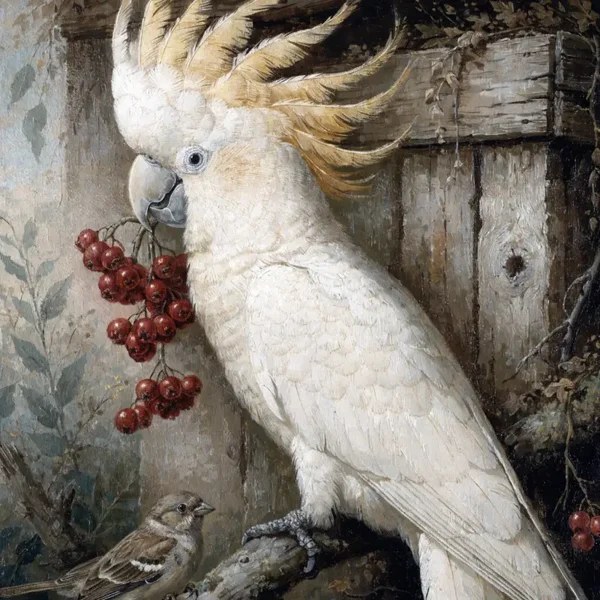 Beschermer van de Bessen – schilderij kaketoe en mus in oude meesters stijl