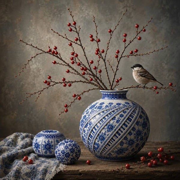 Bessenpracht van Delft – landelijk Delfts blauw stilleven schilderij