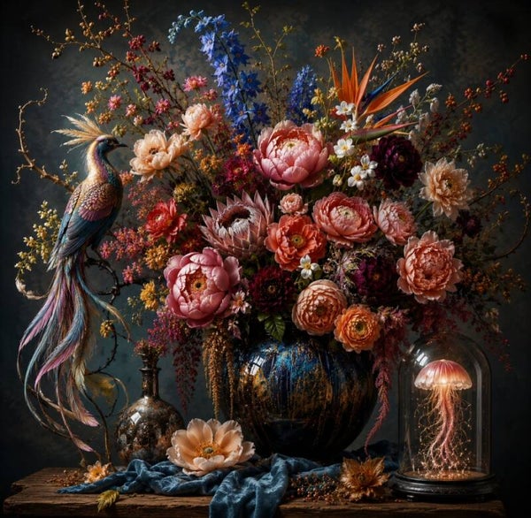 Betoverde Diepte – Bloemen schilderij met paradijsvogel en lichtgevende kwal