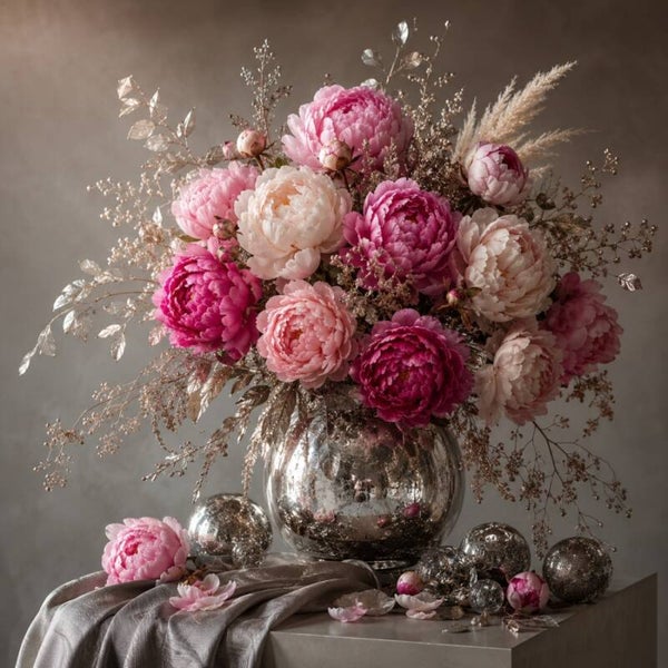 Bevroren Elegantie – Pioenrozen schilderij in luxe romantisch stilleven